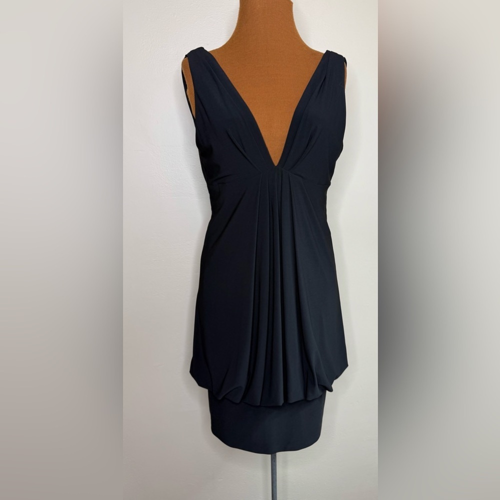 ABS Allen Schwartz Black Sleeveless Draped V-Neck Midi Dress